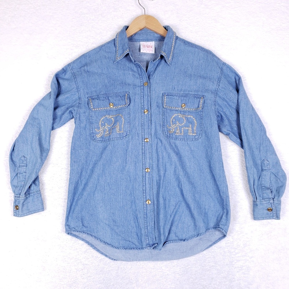 Learsi Collection‎ Studded Elephant Denim Shirt S Blue